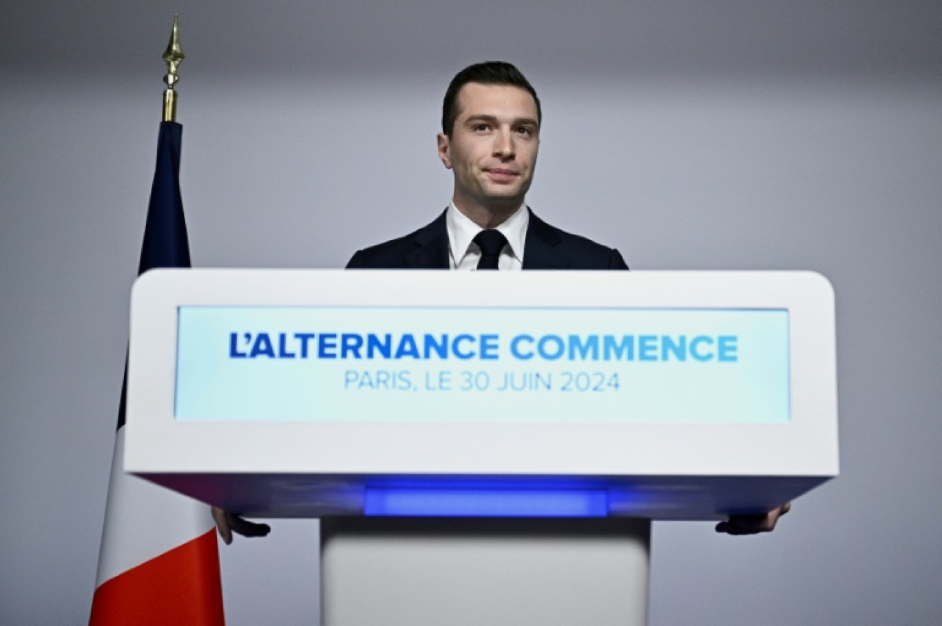 Le président du RN Jordan Bardella à Paris le 30 juin 2024 pendant la soirée électorale du 1er tour des élections législatives © JULIEN DE ROSA