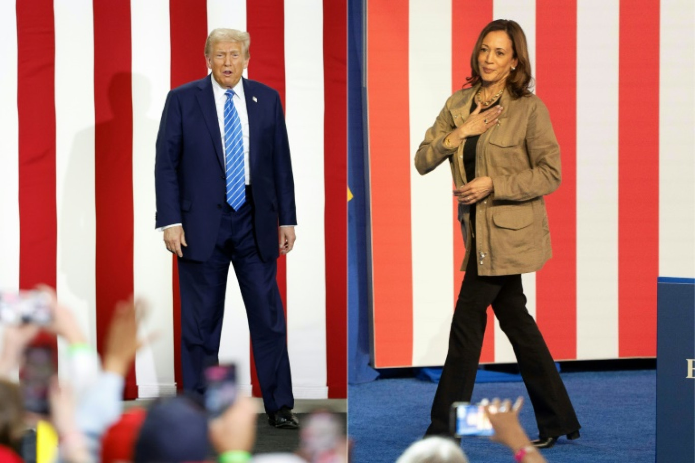 Montage photos du 1er octobre 2024 de l'ancien président américain Donald Trump dans le Wisconsin et de la vice-présidente Kamala Harris en Arizona © KAMIL KRZACZYNSKI