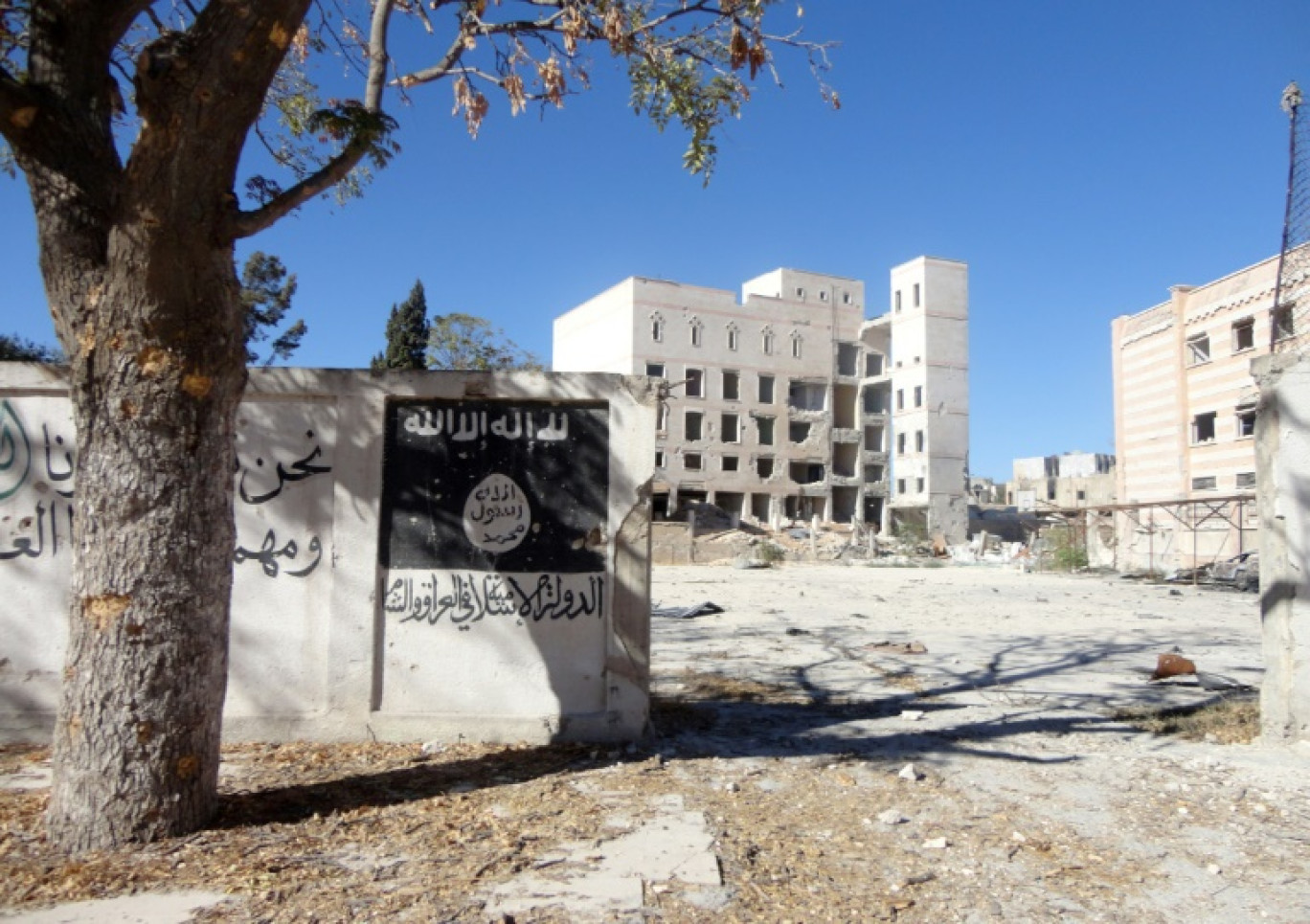 Le drapeau du groupe État islamique (EI) peint sur le mur à l'extérieur de l'ancien hôtel Minbij dans la ville syrienne de Manbij, qui a été utilisé comme prison lorsqu'il était sous le contrôle du groupe État islamique (EI), le 25 septembre 2016
IS overran Arab-majority Manbij in early 2014, imposing the hardline interpretation of Islamic law it has adopted across its self-styled "caliphate" straddling Syria and Iraq. © Ayham al-Mohammad