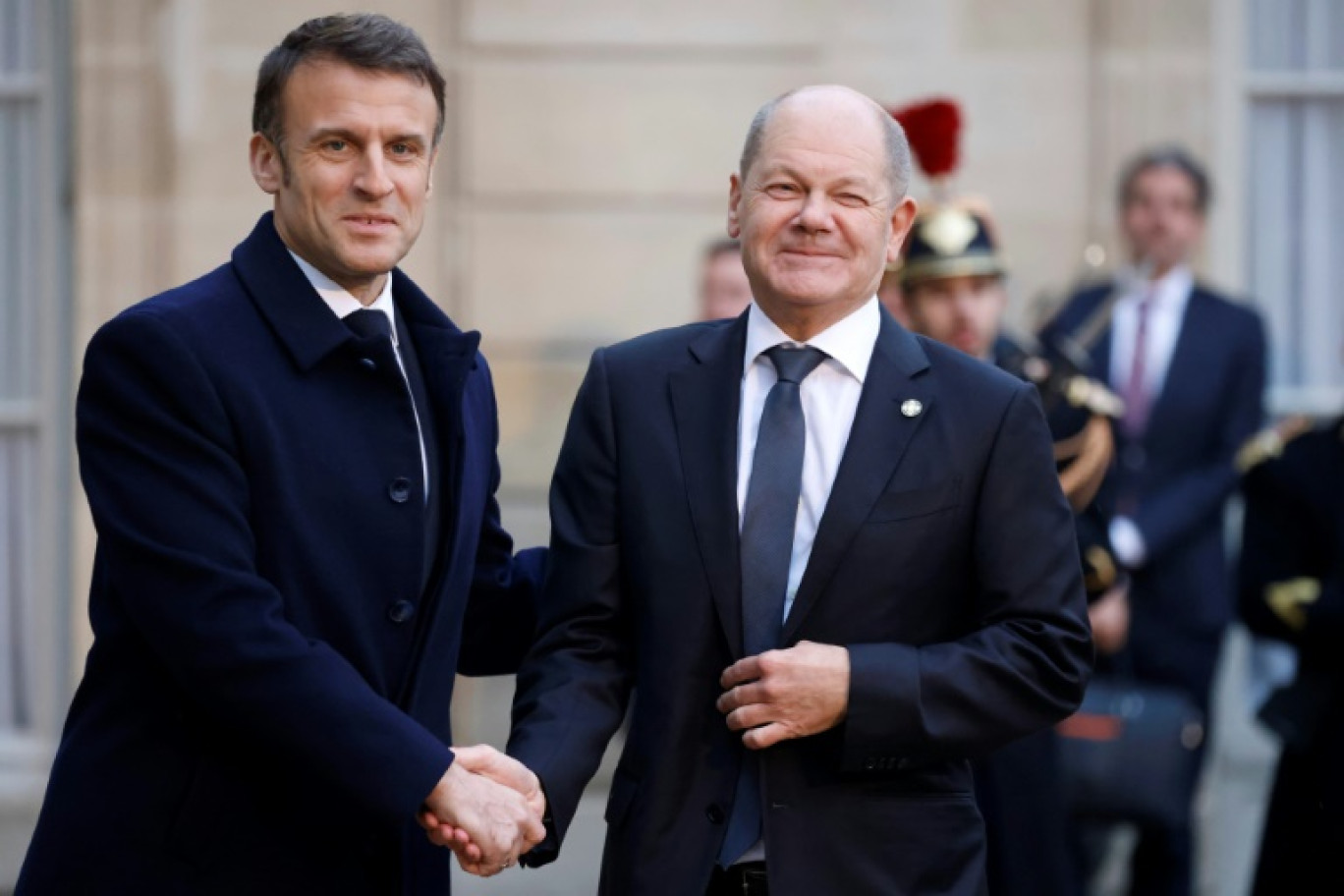 Emmanuel Macron reçoit le chancelier allemand Olaf Scholz à l'Elysée, le 22 janvier 2025 à Paris © Ludovic MARIN