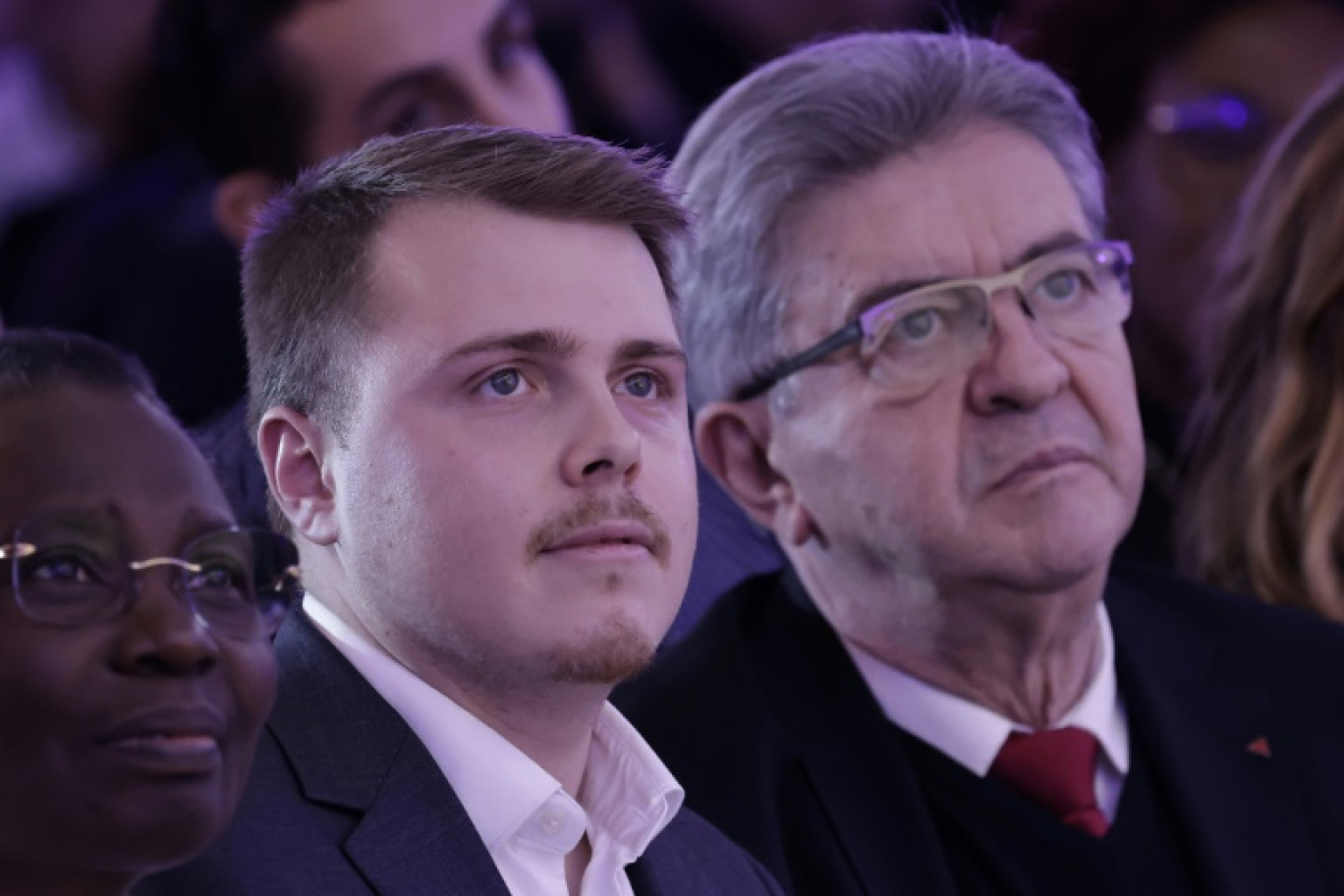 French left-wing politician and founder of French political party La France Insoumise (LFI) Jean-Luc Le député LFI Louis Boyard candidat à la mairie de Villeneuve-Saint-Georges, près de Paris, avec le leader insoumis Jean-Luc Mélenchon, le 23 janvier 2025. © STEPHANE DE SAKUTIN