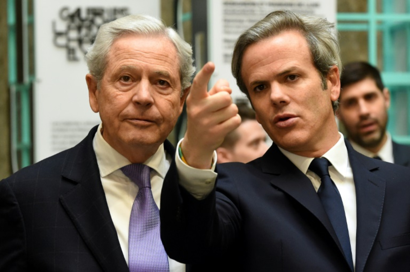 Philippe Houzé (g) et Guillaume Houzé lors de la présentation à la presse du nouveau grand magasin Galeries Lafayette sur les Champs Elysées, le 26 mars 2019 à Paris © ERIC PIERMONT