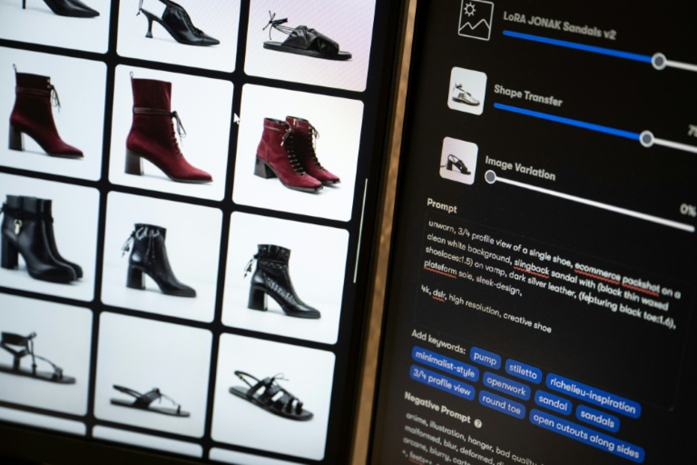 Des modèles de chaussures générés par l'IA dans les bureaux de la start-up Imki à Schiltigheim, près de Strasbourg, le 26 février 2025 dans le Bas-Rhin © SEBASTIEN BOZON