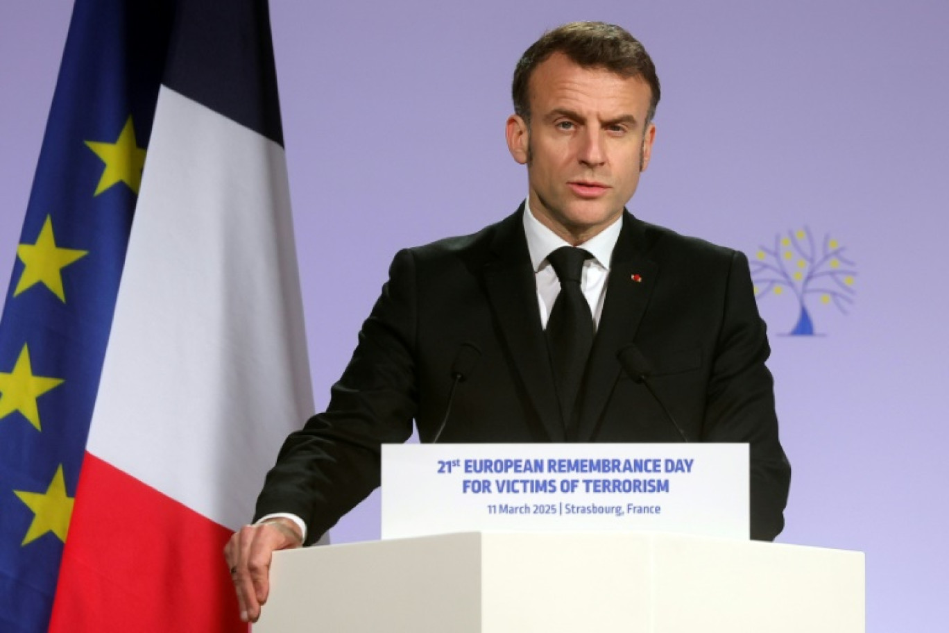 Emmanuel Macron préside une cérémonie d'hommage aux victimes du terrorisme à Strasbourg le 11 mars 2025 © Teresa Suarez