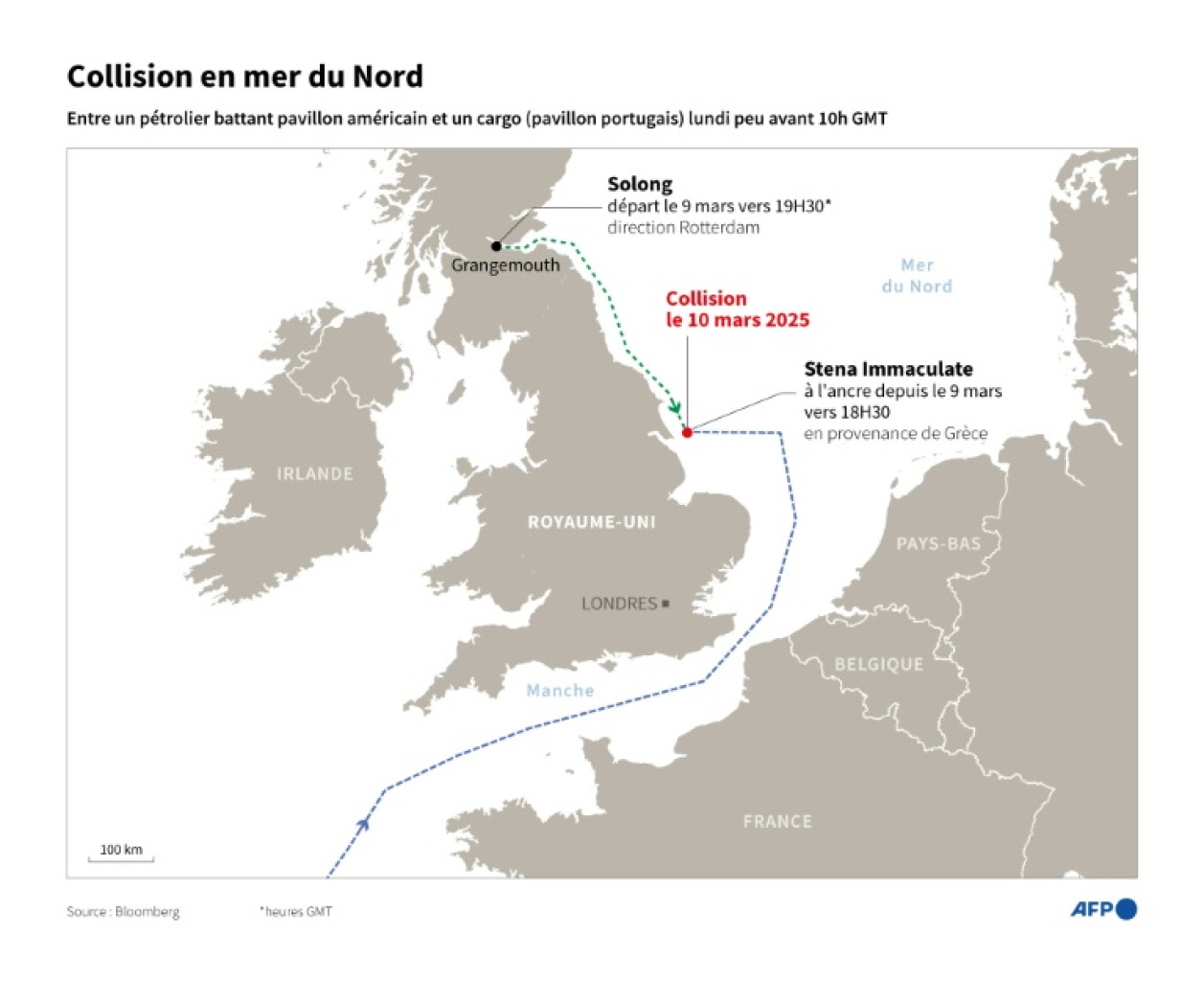 Le pétrolier "Stena Immaculate", à l'ancrage, et le cargo "Solong" sont entrés en collision en mer du Nord, au large des côtes du Yorkshire (nord de l'Angleterre). © Paz PIZARRO