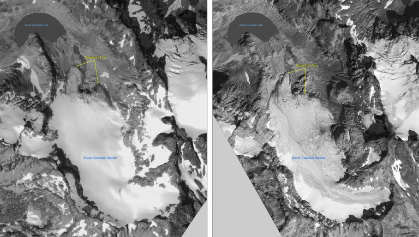 Images satellite fournies par l'U.S. Geological Survey (USGS), le 28 août 2000 (g) et le 10 septembre 2006 montrant le recul du glacier South Cascade, dans l'Etat de Washington © Handout