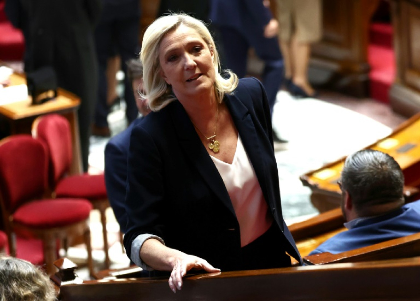 Marine Le Pen, présidente du groupe parlementaire du Rassemblement national (RN) à l'Assemblée nationale, le 1er avril 2025 à Paris © Anne-Christine POUJOULAT