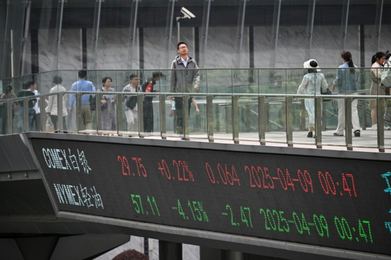 Des personnes traversent un pont piétonnier dans le district financier de Shanghai, le 9 avril 2025 © Hector RETAMAL