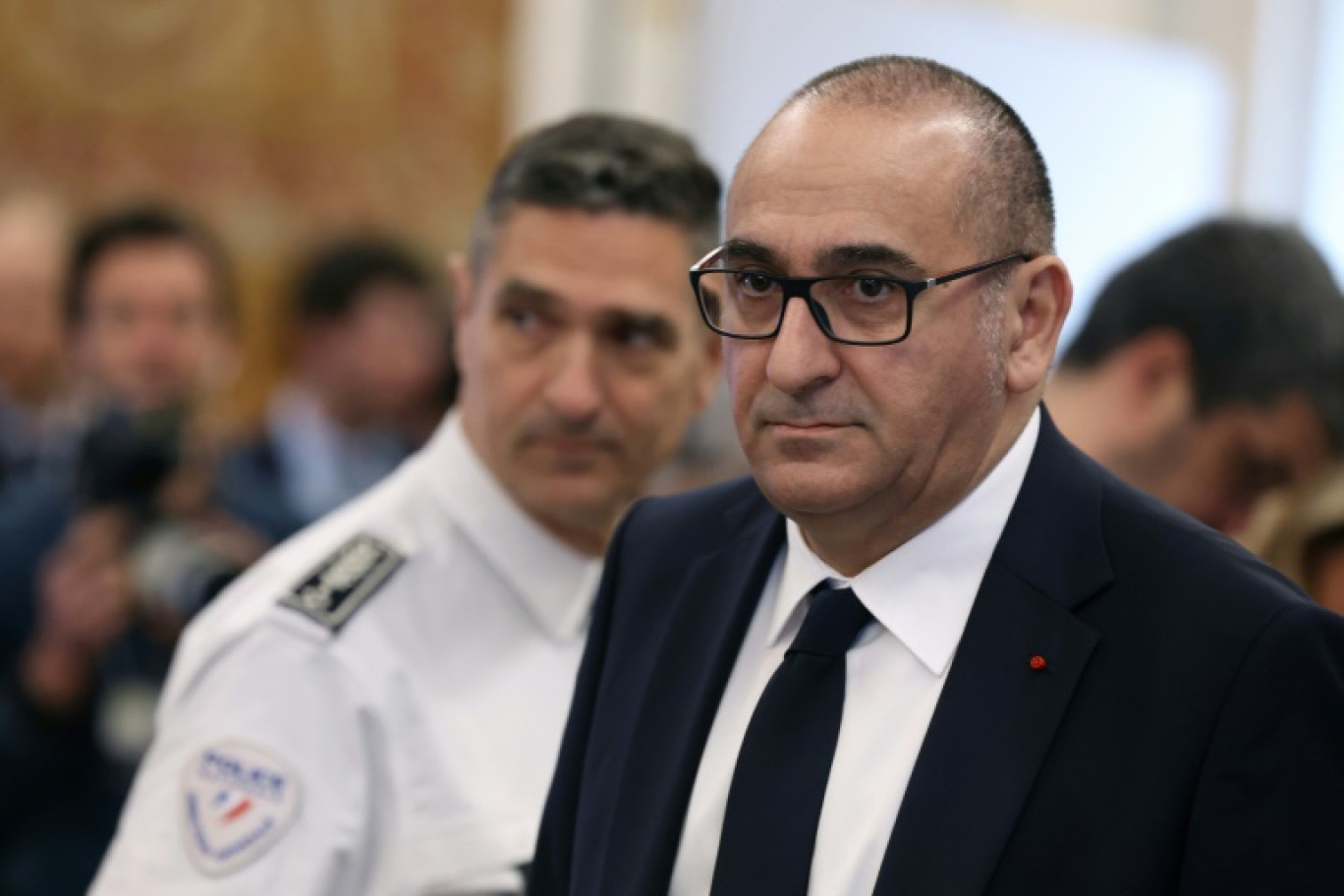 Le préfet de police Laurent Nuñez, lors de la conférence de presse du ministre de l'Intérieur Bruno Retailleau, dressant le bilan des ses six mois, Paris, 10 avril 2025 © ALAIN JOCARD