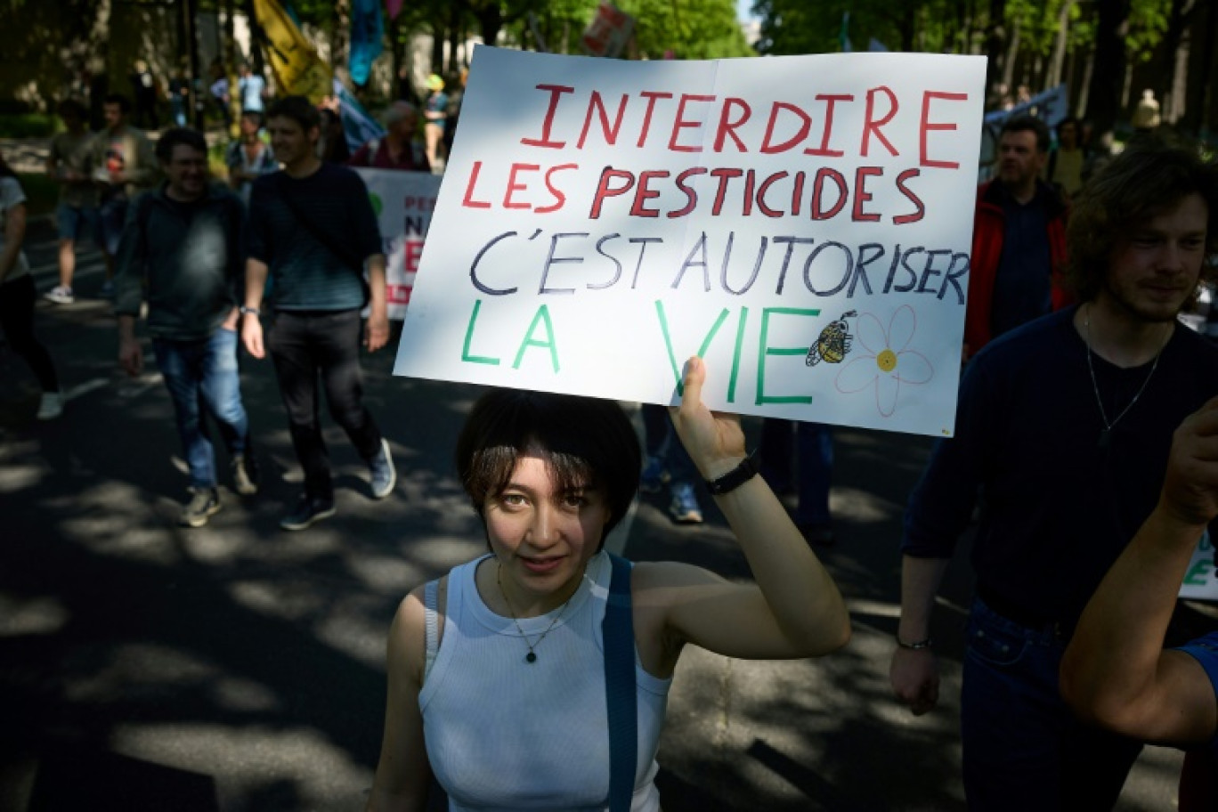 Une manifestante tient une pancarte sur laquelle on peut lire "Interdire les pesticides, c'est permettre la vie" lors d'une marche "Noisy Spring" contre les pesticides à Paris, le 5 avril 2025 © Kiran RIDLEY