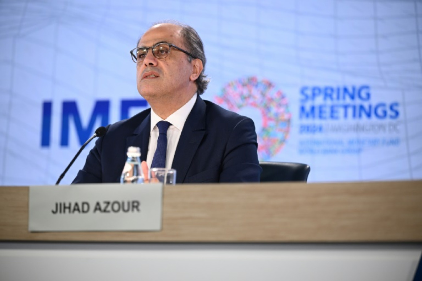 Le directeur régional du FMI, Jihad Azour, lors d'une réunion sur les perspectives économiques pour le Moyen-Orient et l'Asie centrale, le 18 avril 2024 à Washington © Mandel NGAN