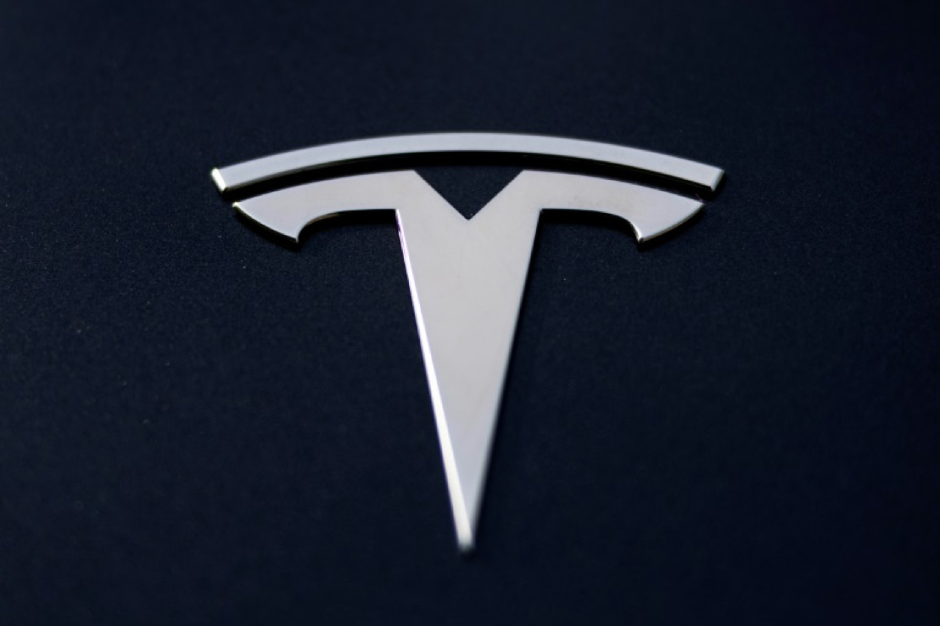 Le logo Tesla sur une voiture Lyon le 2 avril 2025 © Alex MARTIN