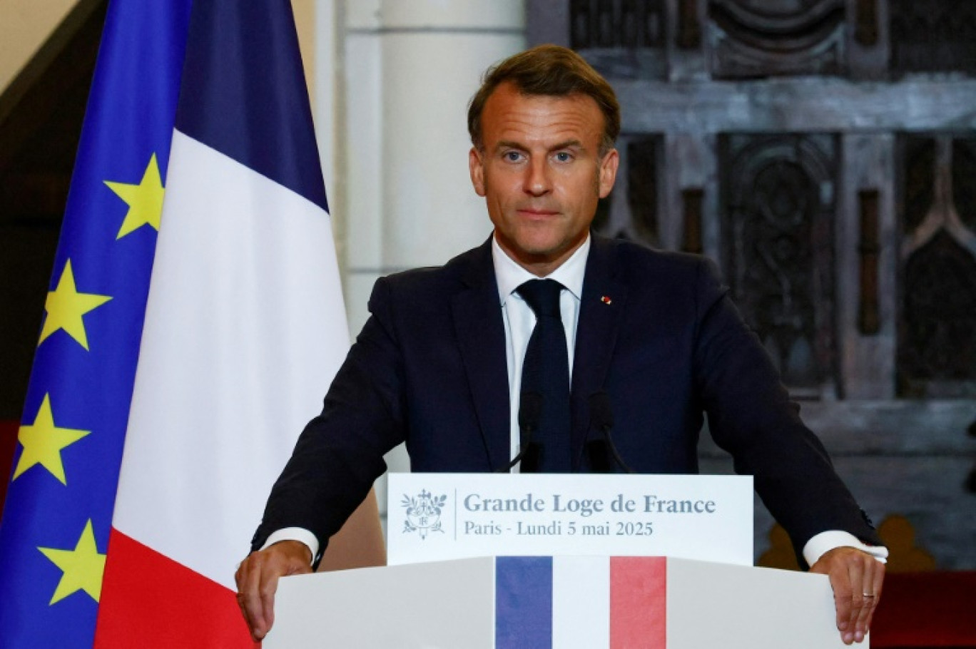 Le président Emmanuel Macron prononce un discours devant les francs-maçons de la Grande Loge de France, le 5 mai 2025 à Paris © Sarah Meyssonnier