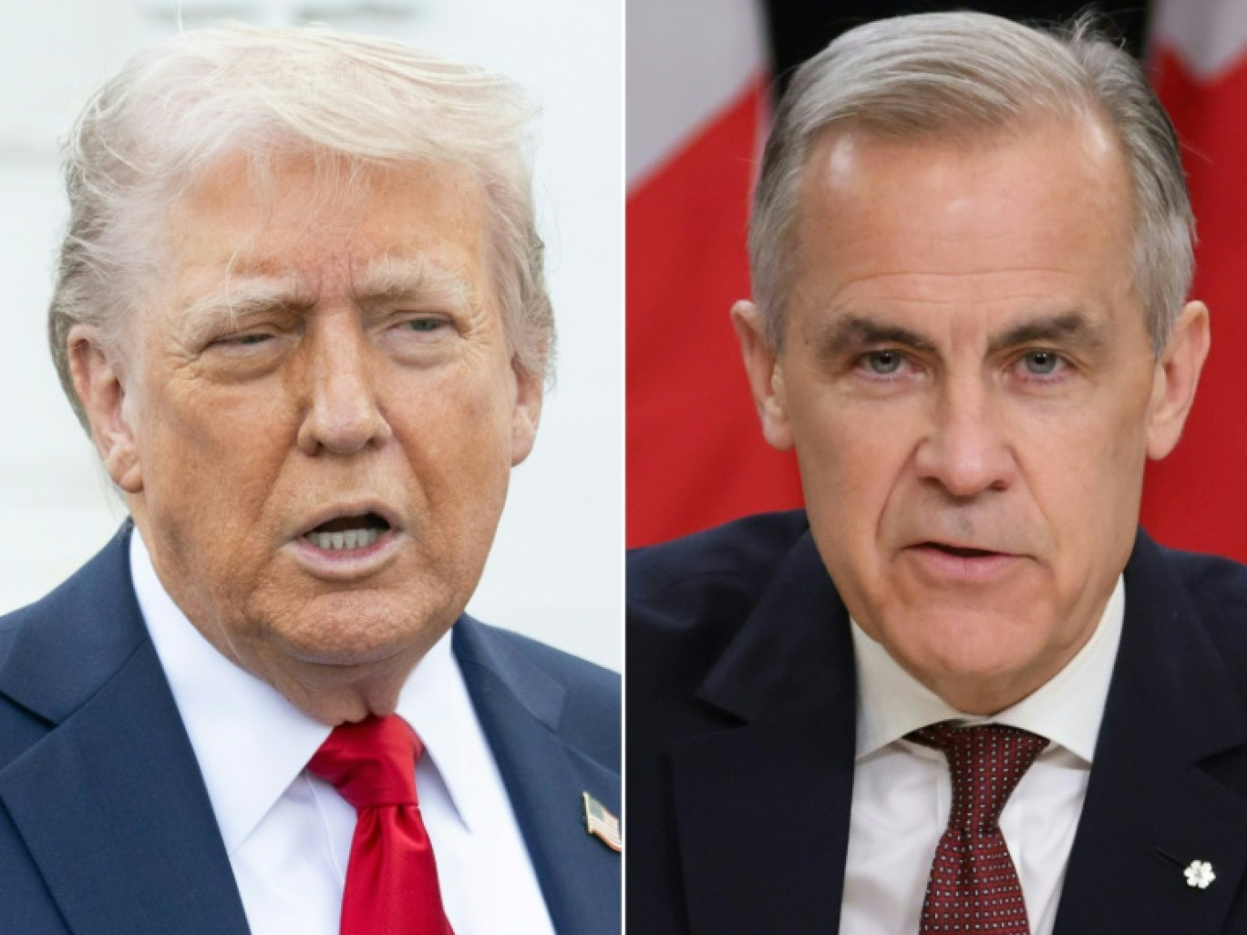 Ce montage photos créé le 2 mai 2025 montre, à gauche, le président américain, Donald Trump, s’exprimant à Washington le 23 avril 2025, et, à droite, le nouveau Premier ministre canadien, Mark Carney, parlant à Ottawa le 2 mai 2025 © SAUL LOEB