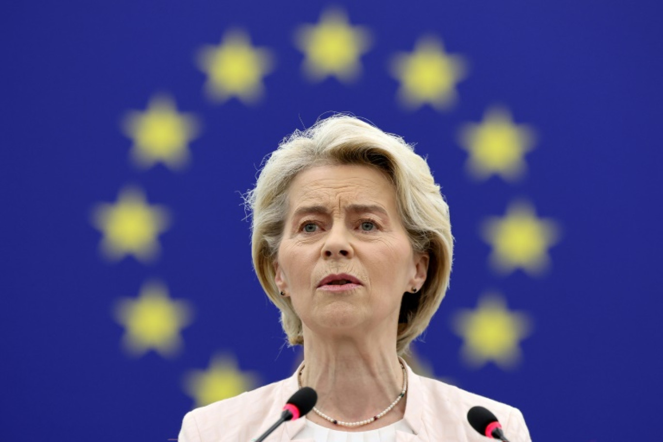 La présidente de la Commission européenne Ursula von der Leyen s'exprime devant le Parlement européen à Strasbourg le 18 juillet 2024 © FREDERICK FLORIN