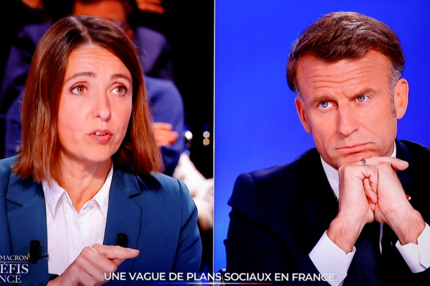Sur TF1, Emmanuel Macron était confronté à la secrétaire générale de la CGT, Sophie Binet (g). © Ludovic MARIN