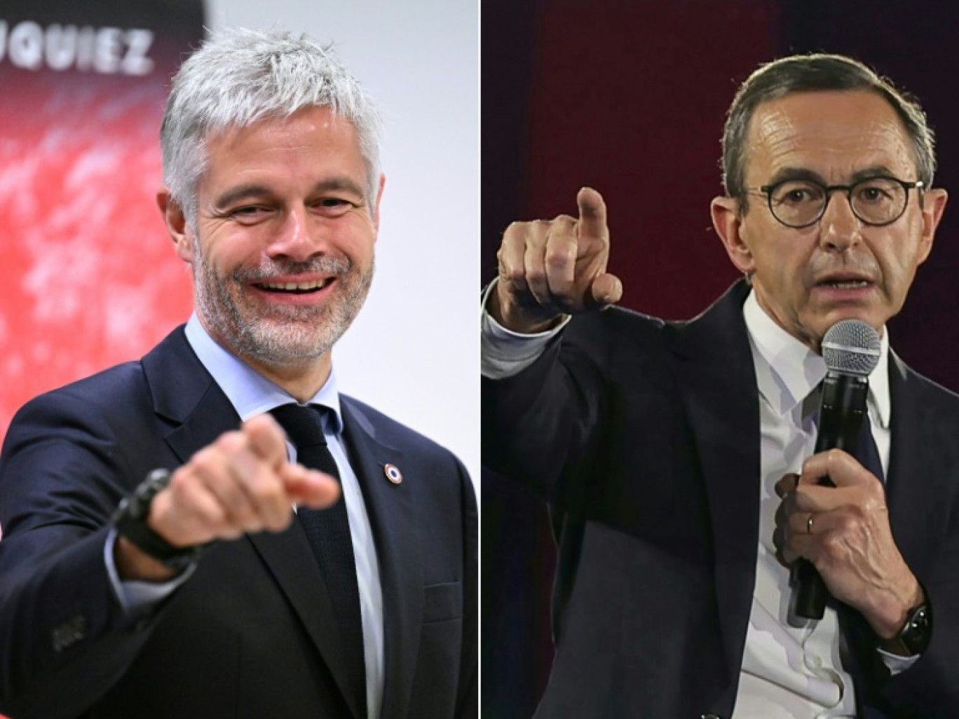 (COMBO) Cette combinaison de photos montre les deux candidats à la présidence du parti Les Républicains: Laurent Wauquiez (G), ici le 18 avril 2025 à Biarritz, et Bruno Retailleau (D) le 11 mai 2025 à Boulogne-Billancourt © Gaizka IROZ