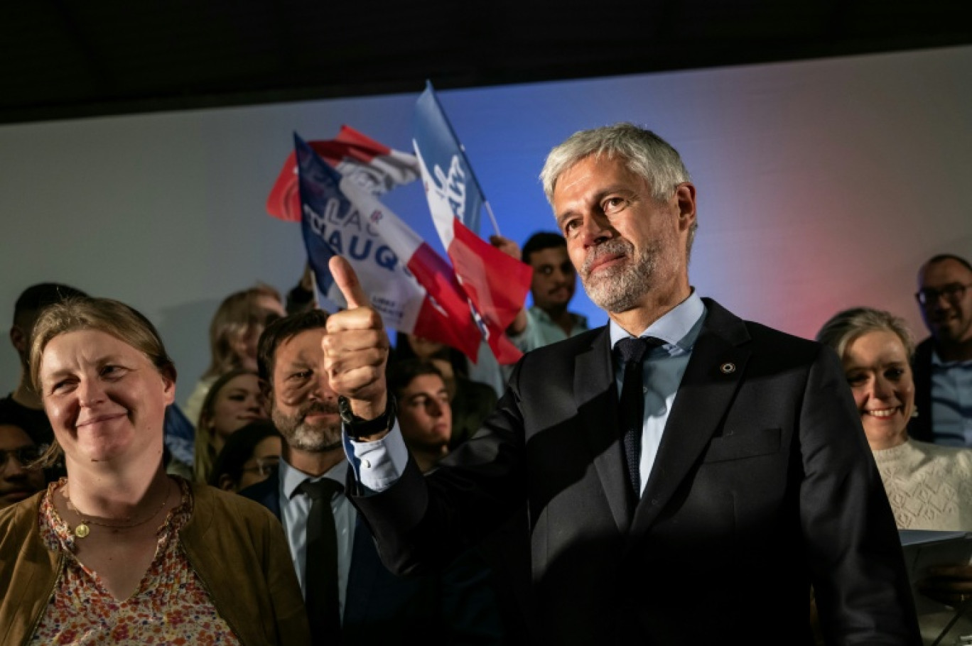 Le président du groupe parlementaire Droite Républicaine Laurent Wauquiez , à la fin de son dernier meeting de campagne pour la présidence du parti Les Républicains (LR) à Jonage, le 16 mai 2025 © ARNAUD FINISTRE