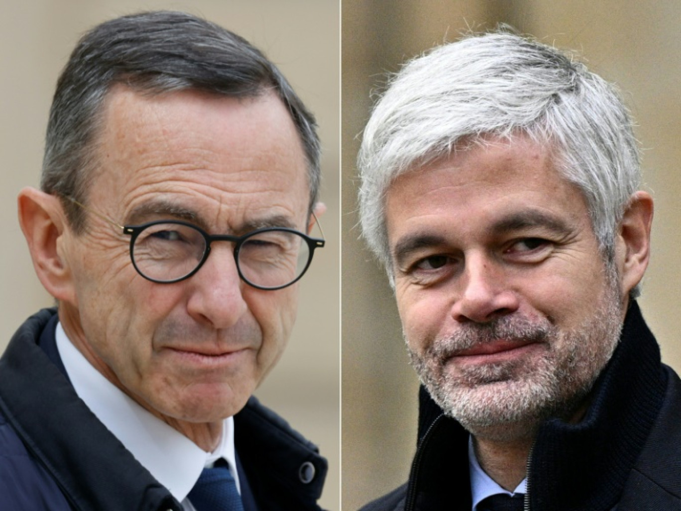 (COMBO) Cette combinaison de photos montre les deux candidats à la présidence du parti Les Républicains: Bruno Retailleau (g), ici le 16 avril 2025 à Paris, et Laurent Wauquiez (d) le 26 novembre 2024 à Paris © Ludovic MARIN