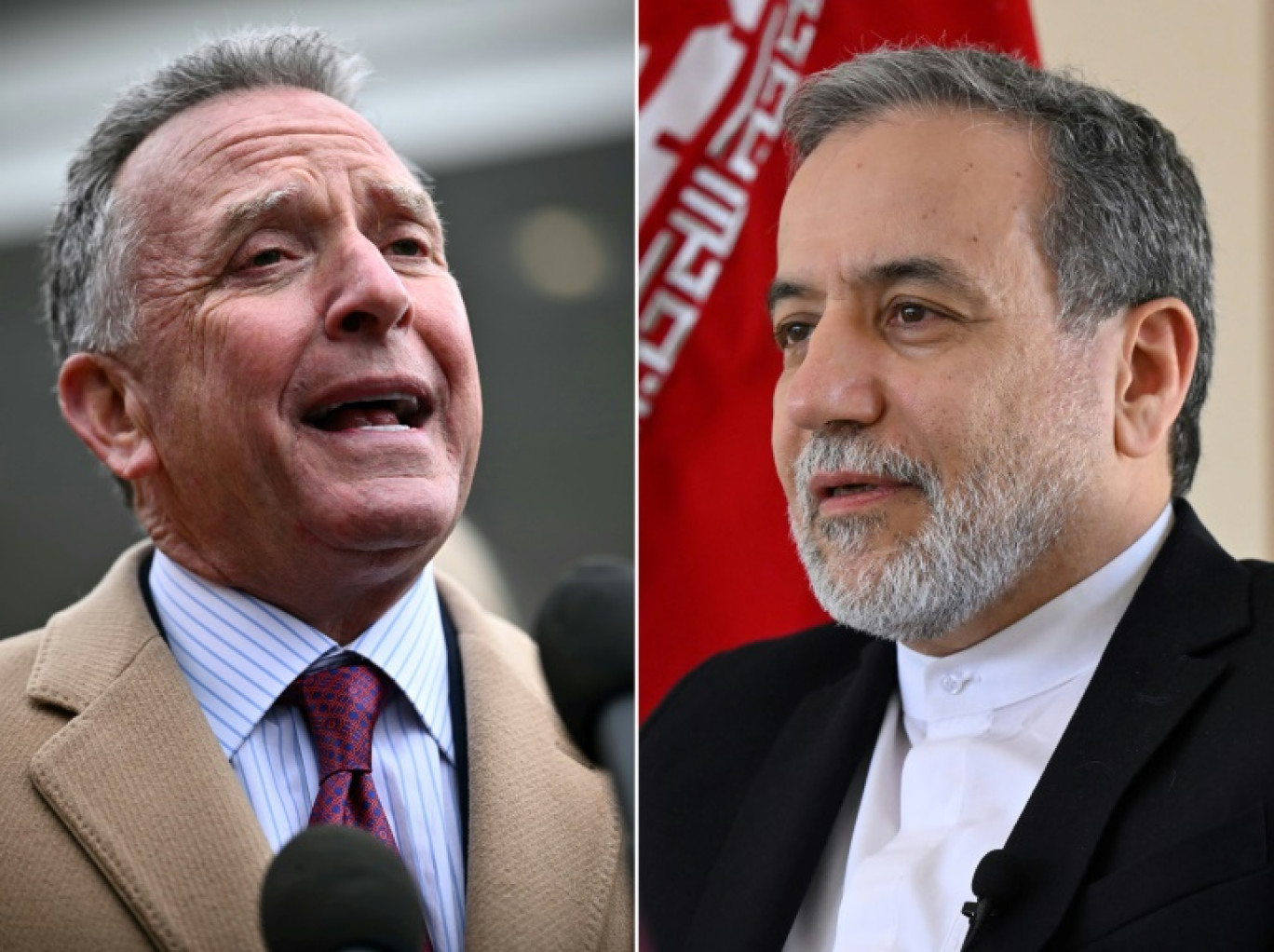 L'envoyé américain pour le Moyen-Orient Steve Witkoff (g.), le 6 mars 2025 à la Maison Blanche, et le ministre des Affaires étrangères iranien Abbas Araghchi, le 7 mars 2025 à Jeddah © Mandel NGAN