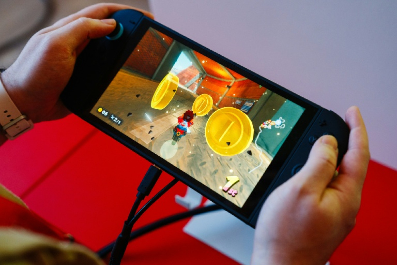 Le jeu Mariokart World de la nouvelle console de jeux vidéo Nintendo Switch 2 lors de sa présentation à Paris, le 2 avril 2025 © Dimitar DILKOFF