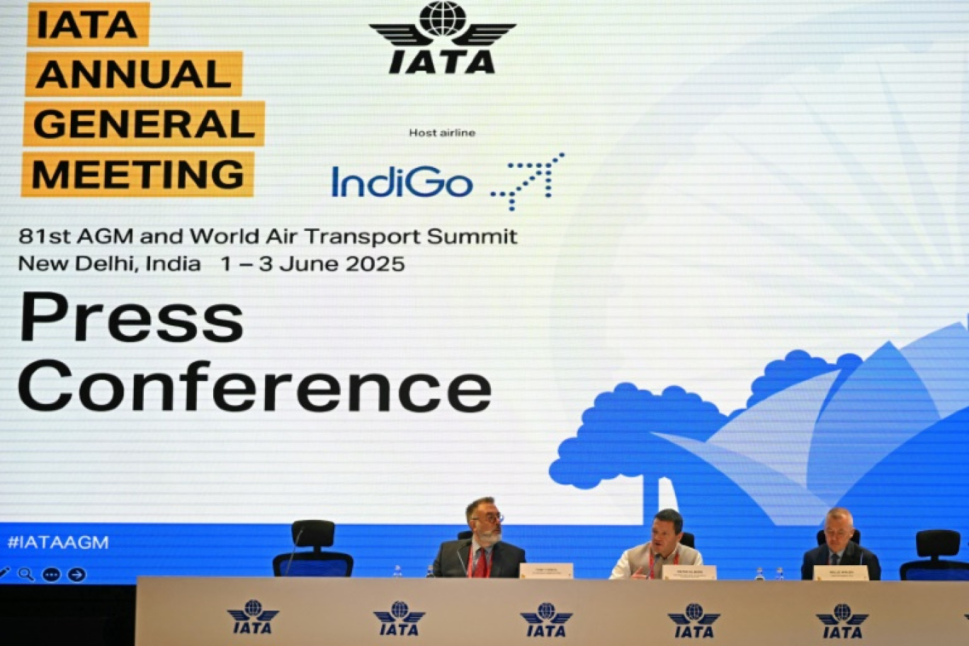 Conférence de presse des responsables de l'Association internationale du transport aérien (Iata) à New Dehli, le 2 juin 2025 © Money SHARMA