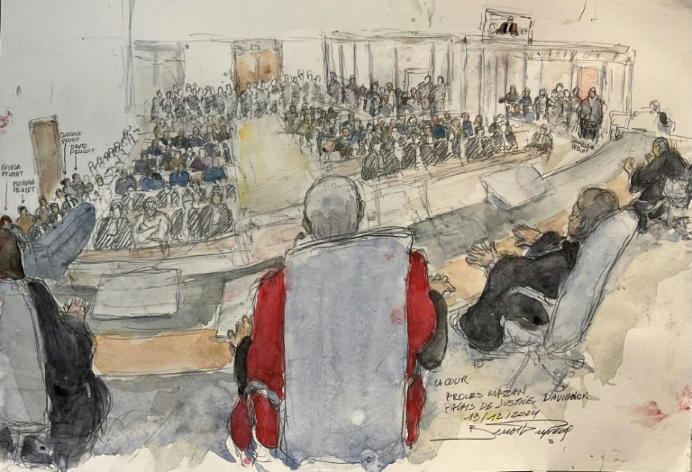 Croquis d'audience réalisé lors de la lecture du verdict du procès des viols de Mazan, au palais de justice d'Avignon, le 19 décembre 2024 © Benoit PEYRUCQ