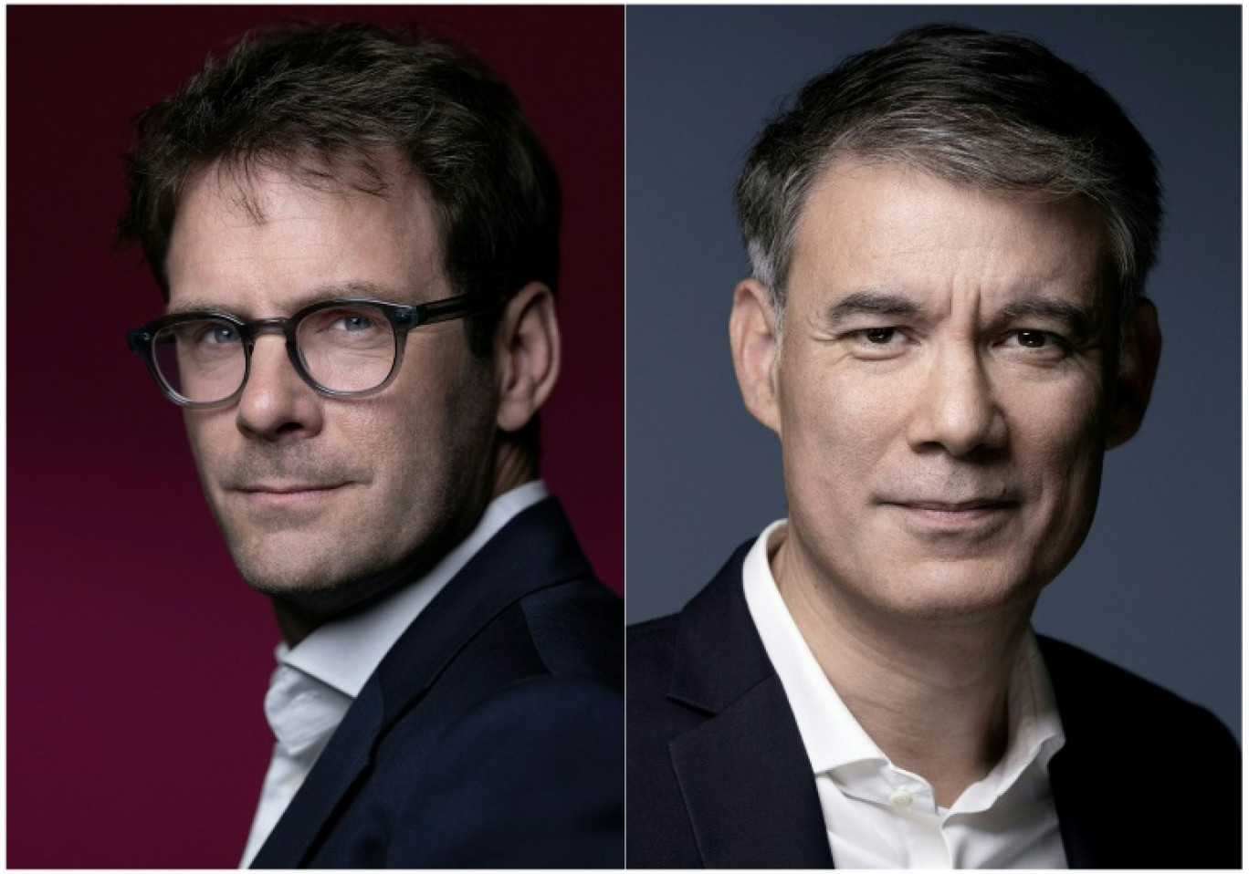 Photos prises le 20 mai 2025 du maire de Rouen Nicolas Mayer-Rossignol (gauche) à Paris, et le 12 janvier 2023 du premier secrétaire du Parti socialiste (PS) sortant Olivier à Paris © JOEL SAGET