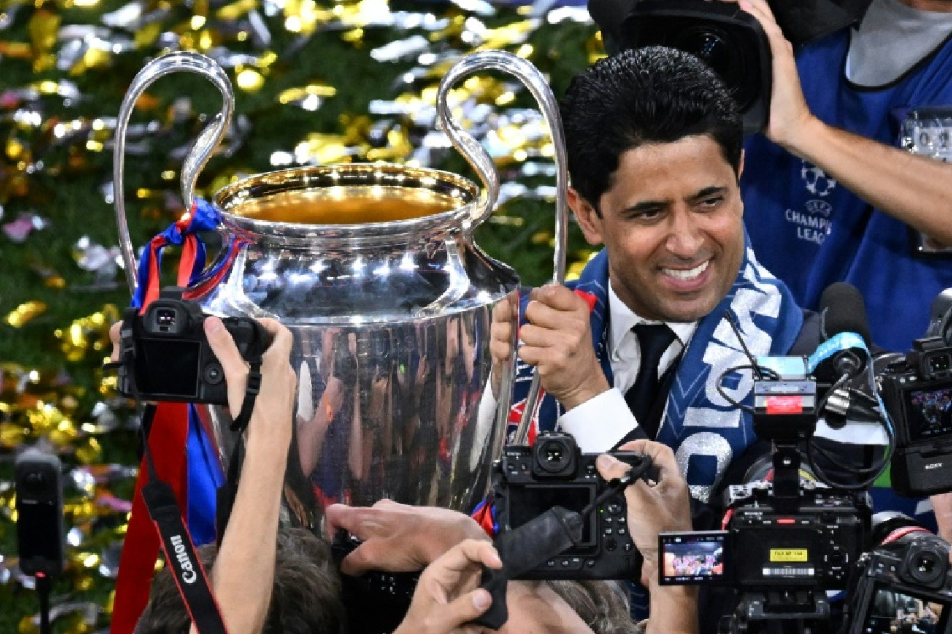 Nasser Al-Khelaïfi, patron du Paris SG et de BeIN, après la victoire parisienne en Ligue des Champions, le 31 mai 2025 à Munich © Kirill KUDRYAVTSEV