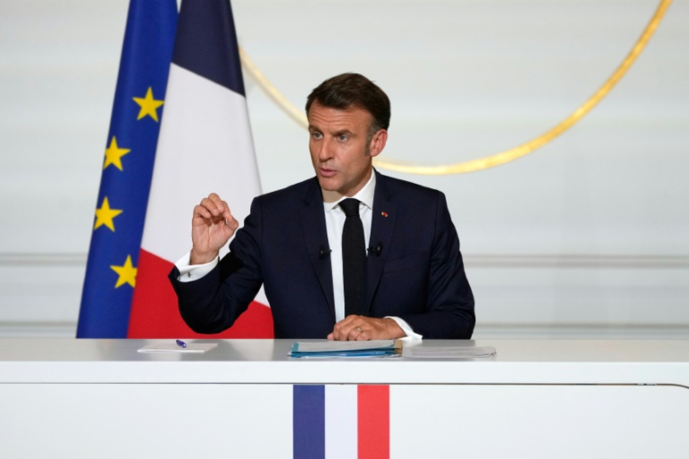 Emmanuel Macron lors d'une conférence de presse sur la situation au Moyen-Orient à l'Élysée, vendredi soir © Michel Euler