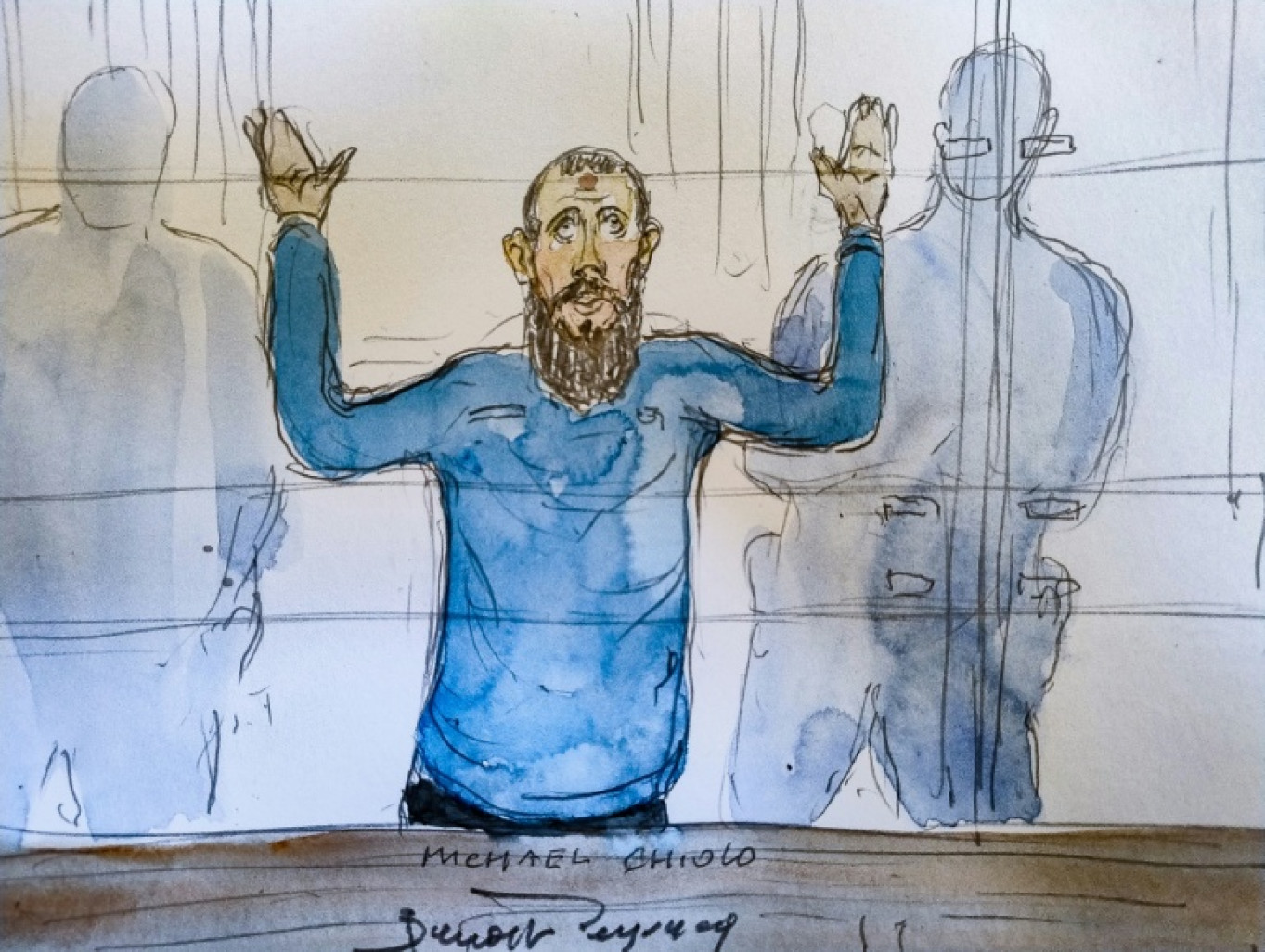 Ce croquis d'audience du 2 juin 2025 montre l'accusé Michael Chiolo lors de son procès et de celui de quatre autres accusés pour l'agression au couteau de deux gardiens de prison à la prison de Condé-sur-Sarthe en 2019, à la cour d'assises spéciale du Palais de Justice de Paris © Benoit PEYRUCQ