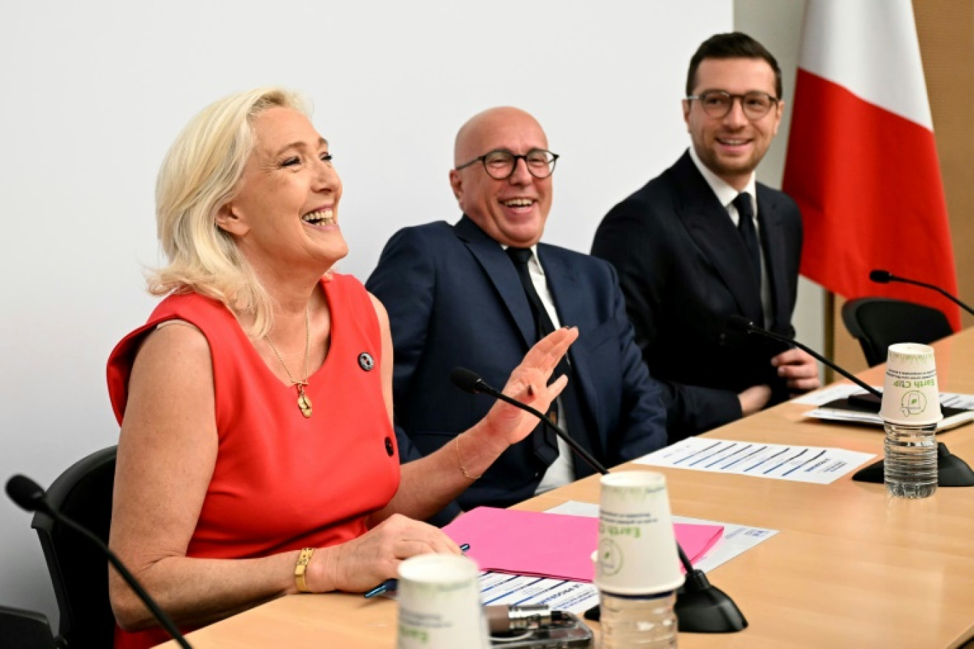 Marine Le Pen, Eric Ciotti et Jordan Bardella, à l'Assemblée nationale à Paris, le 28 juin 2025 © Julie SEBADELHA
