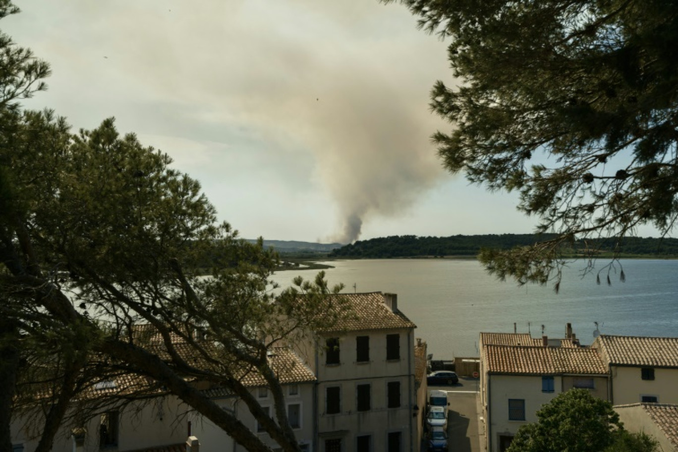 De la fumée visible sur le massif des Corbières lors d'un incendie, le 29 juin 2025, à Bizanet, dans l'Aude © IDRISS BIGOU-GILLES