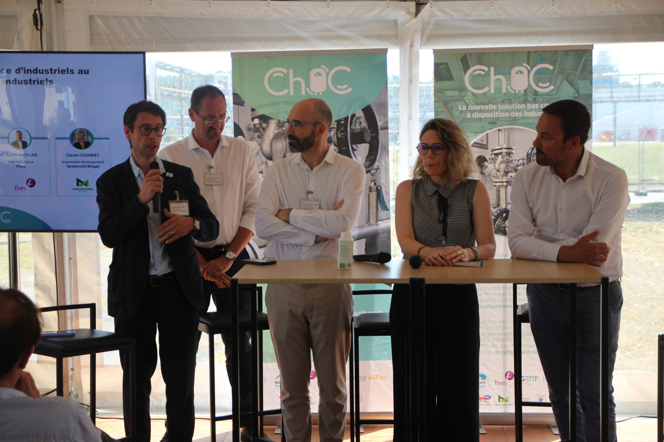 Quelques représentants des membres du consortium industriel avec de g. à dr. : Fabien Gali et Nicolas Doré (Babcock Wanson), Luis Robles (Total Energies) Carole Couhert (Verdemobil Biogaz), Xavier Nicolas (Fives). © Aletheia Press / B.Delabre