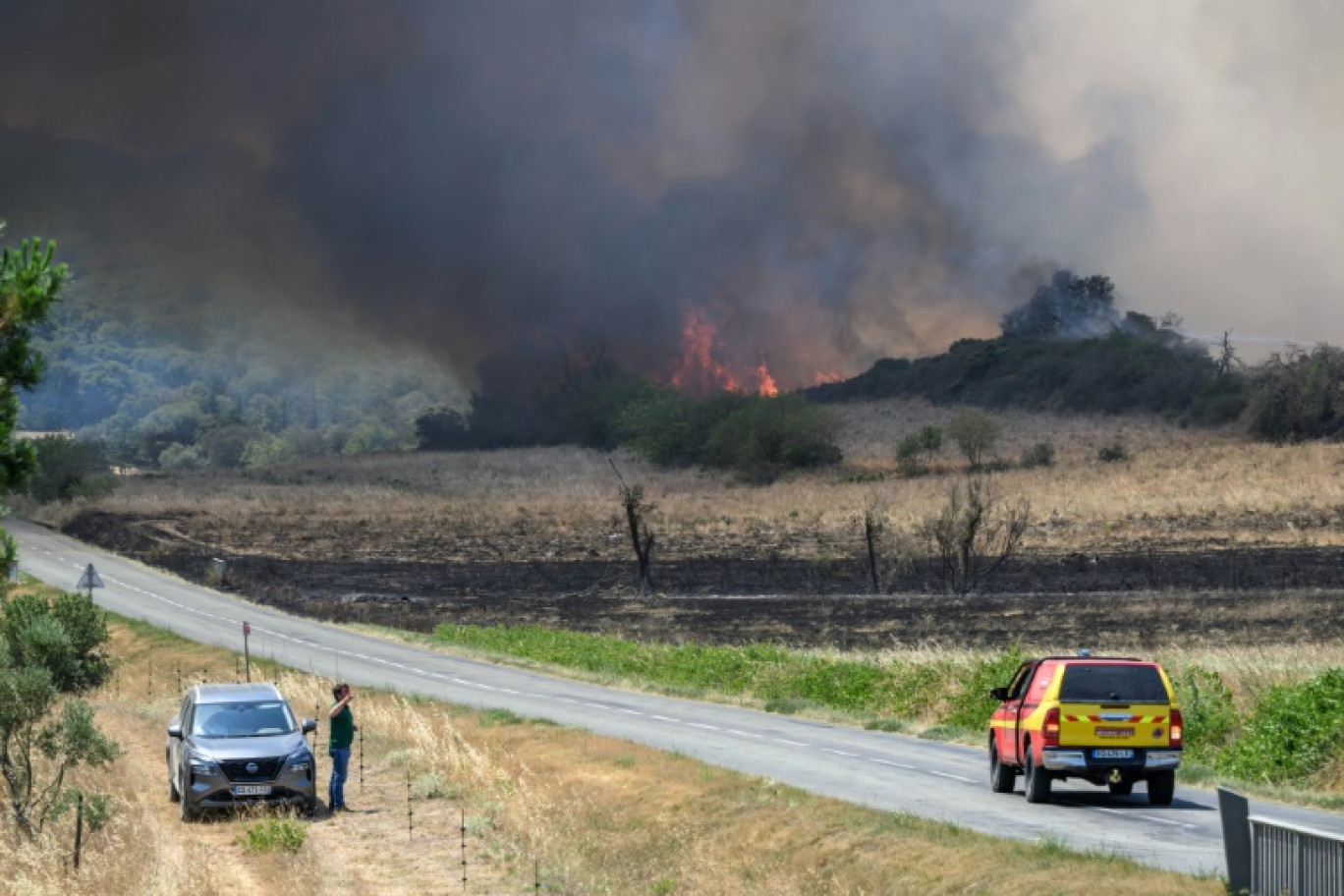 Les sapeurs-pompiers luttent contre un incendie à Bizanet, dans l'Aude, le 30 juin 2025 © Ed JONES