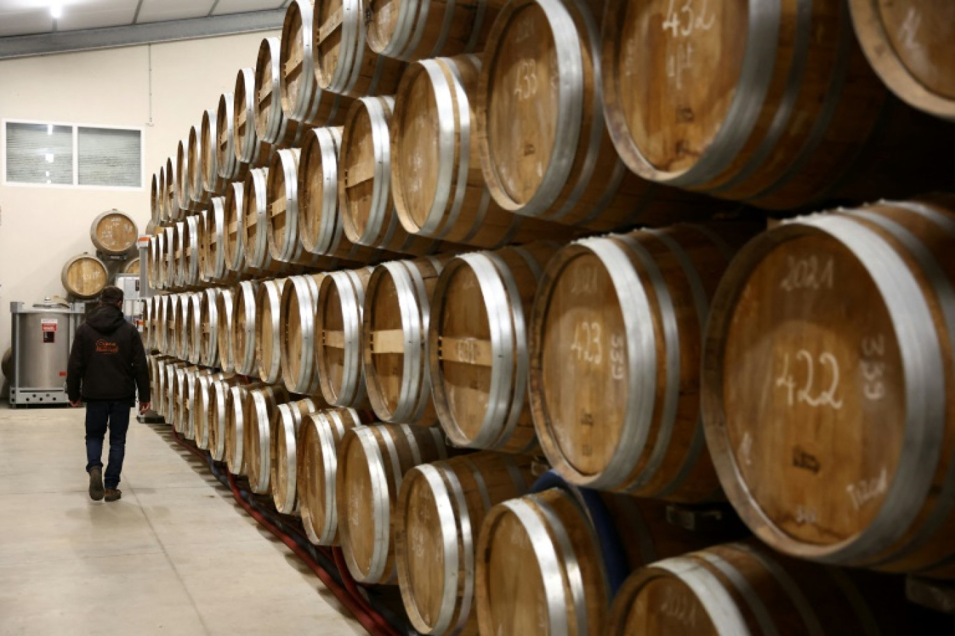 Des fûts de cognac dans une cave à Jarnac-Champagne, le 20 mars 2025 © ROMAIN PERROCHEAU