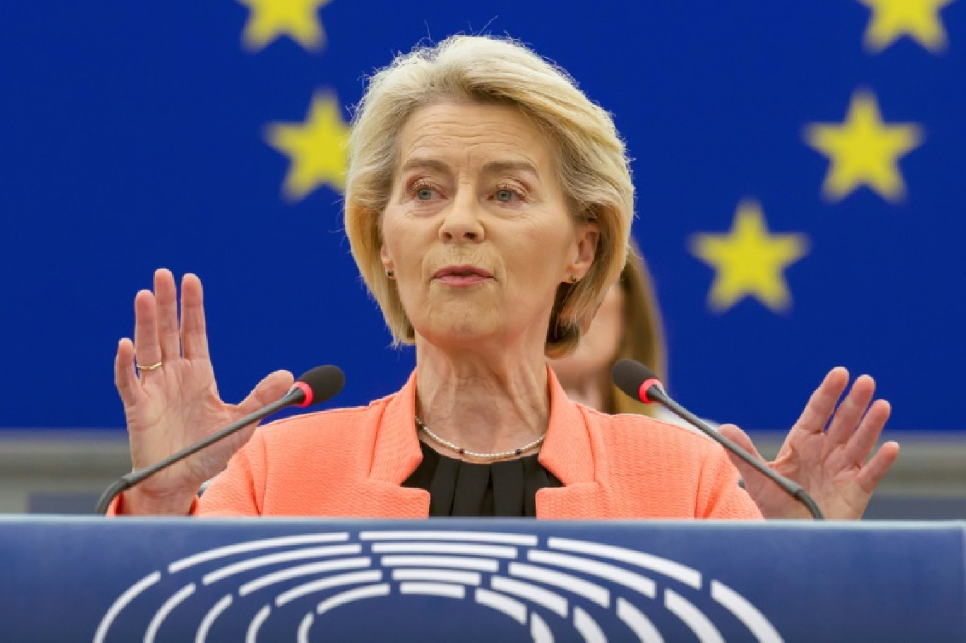 La présidente de la Commission européenne, Ursula von der Leyen, lors d'un discours devant le Parlement européen le 7 juillet 2025 © Jean-Christophe Verhaegen