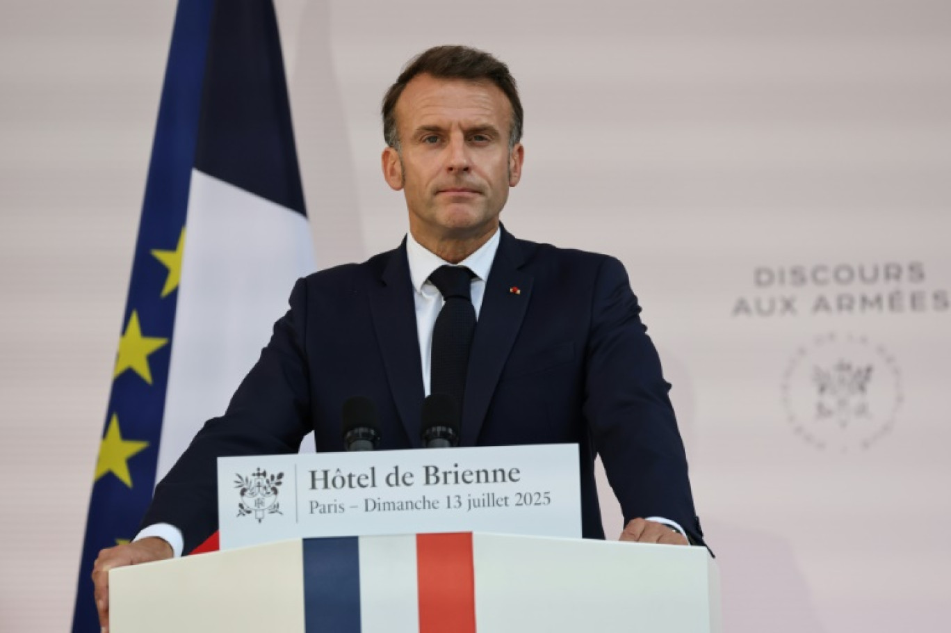 Emmanuel Macron lors de son discours aux armées, le 13 juillet 2025 à Paris © Ludovic MARIN