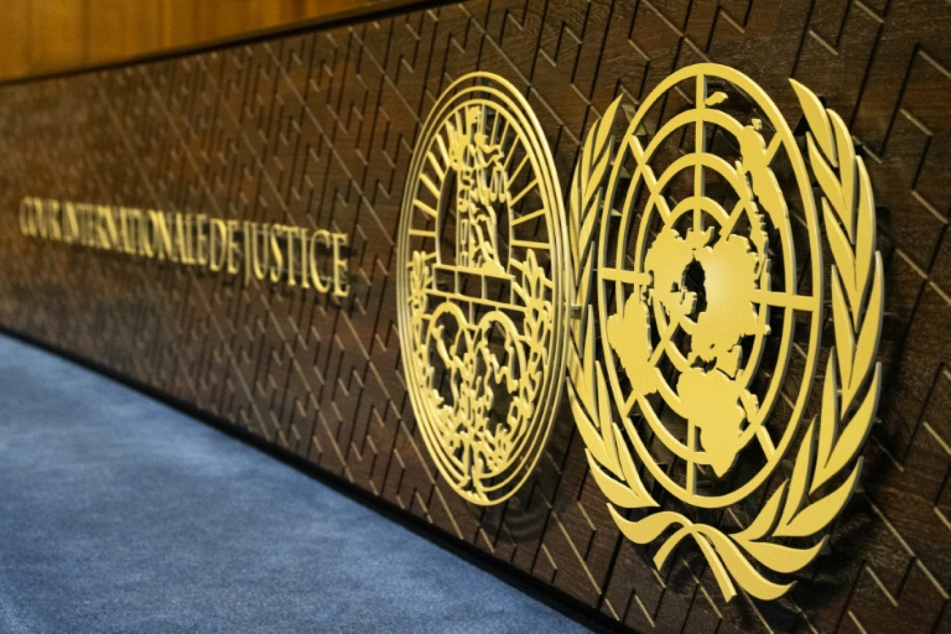 Le logo de la Cour internationale de justice (CIJ) lors d'une audience à La Haye, le 17 mai 2024 © Nick Gammon