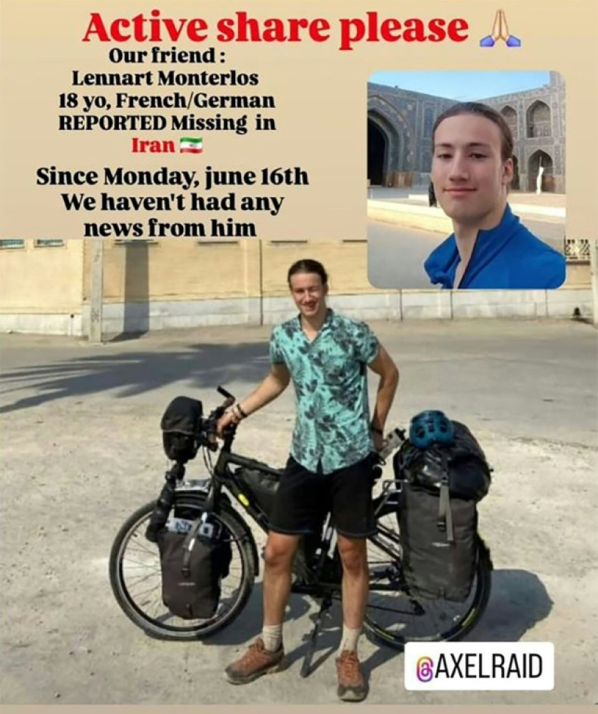 Image tirée d'un post du 24 juin 2025, obtenue sur Instagram, du jeune Franco-Allemand Lennart Monterlos, porté disparu depuis le 16 juin 2025, alors qu'il voyageait à vélo en Iran, sur une photo prise dans un lieu inconnu © -