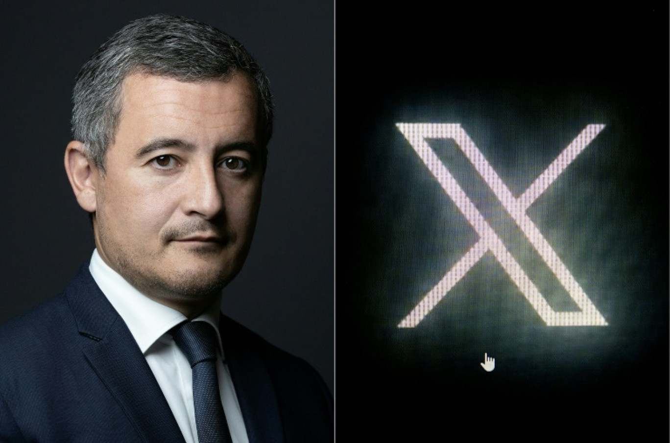 Montage photo du 22 juillet 2025 du ministre de l'Intérieur, Gérald Darmanin, dans son bureau, le 11 octobre 2022, et du logo de X © JOEL SAGET