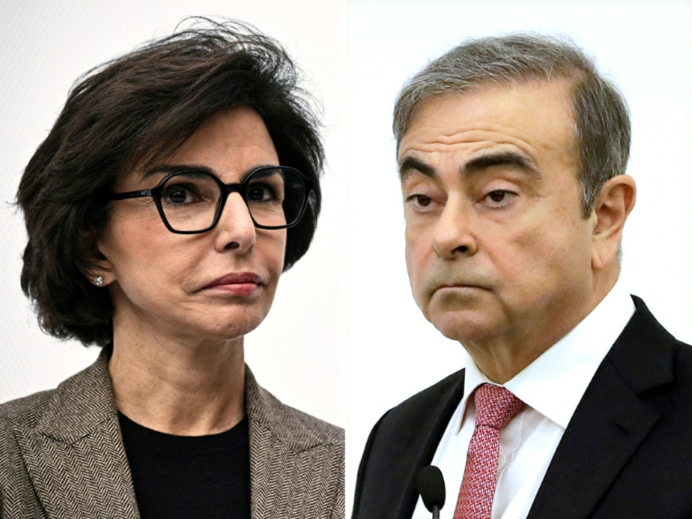 La ministre française de la Culture Rachida Dati (g) à Paris, le 18 mars 2025 et l'ancien patron franco-libano-brésilien de Renault-Nissan Carlos Ghosn à Beyrouth le 8 janvier 2020 © JULIEN DE ROSA