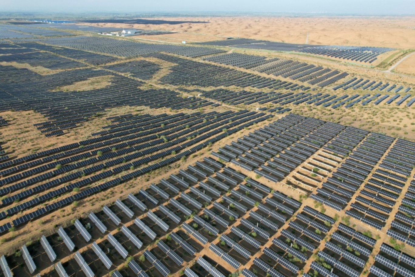 Panneaux solaires à Ordos dans le désert de Kubuqi, le 10 août 2025 © Pedro PARDO