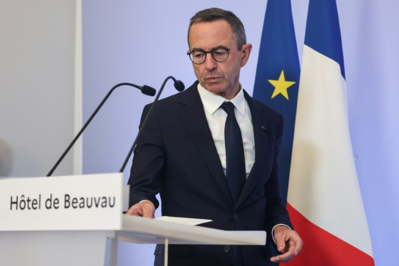 Le ministre de l'Intérieur sortant, Bruno Retailleau, avant une conférence de presse au Centre Operationnel de Gestion Interministérielle des Crises, le 18 septembre 2025 à Paris © Ludovic MARIN