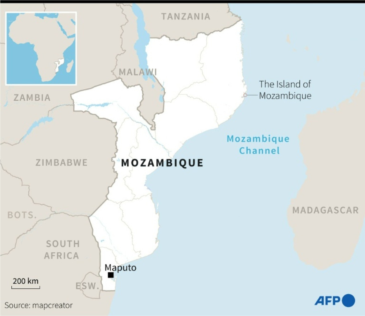 Carte du Mozambique, pays d'Afrique australe en bute à des attaques djihadistes dans le nord, près de projets gaziers © Kun TIAN