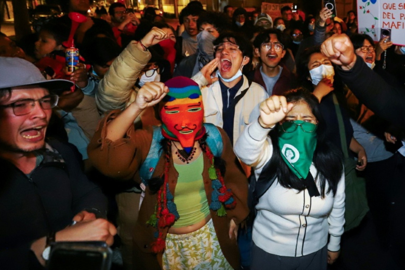 Des manifestants se sont rassemblés devant le Parlement péruvien après la destitution de la présidente, à Lima © Jorge CERDAN