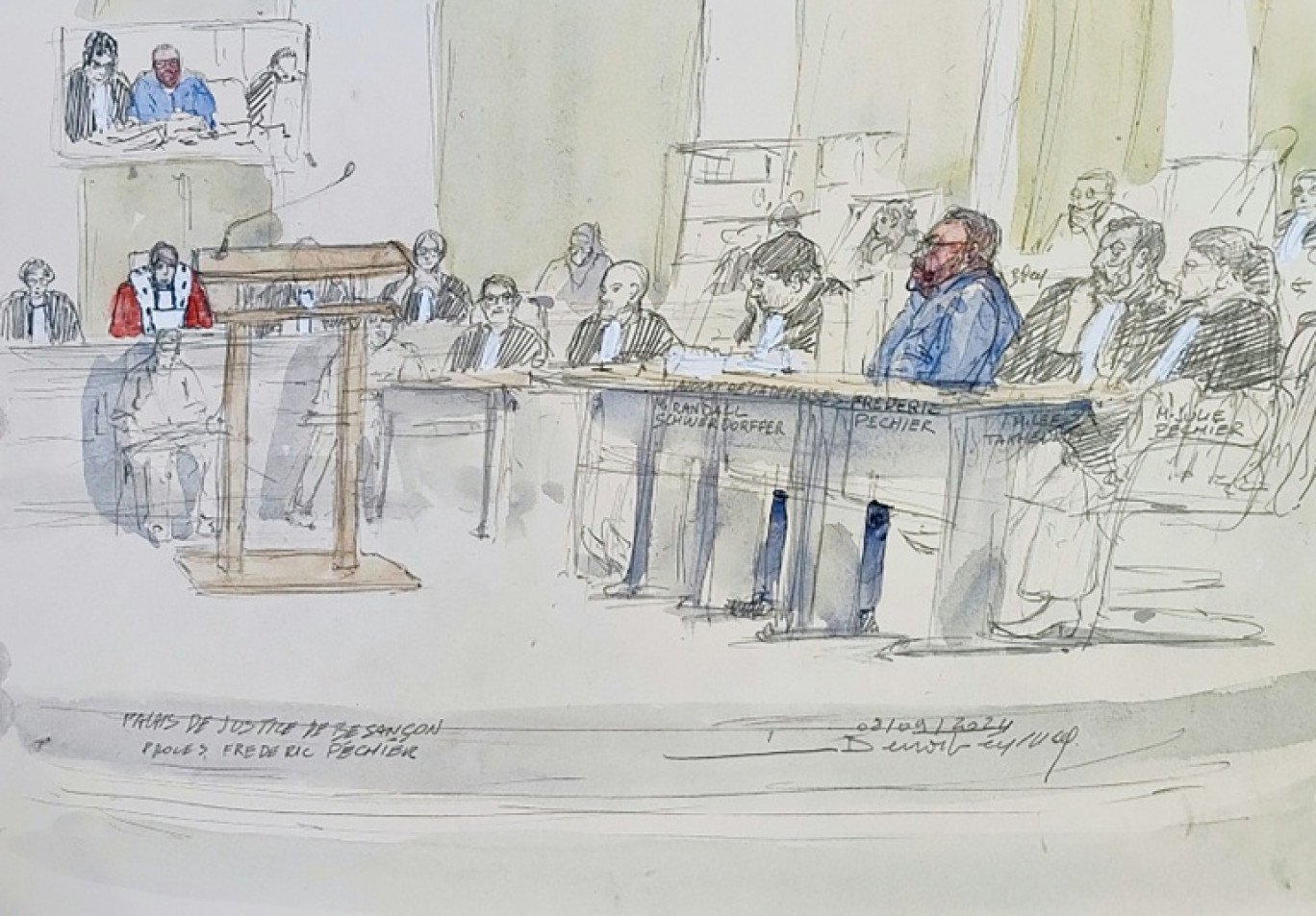 Croquis d'audience du procès de Frédéric Péchier, ancien médecin anesthésiste accusé d'avoir empoisonné 30 patients, dont 12 sont morts, le 8 septembre 2025 à Besançon © Benoit PEYRUCQ