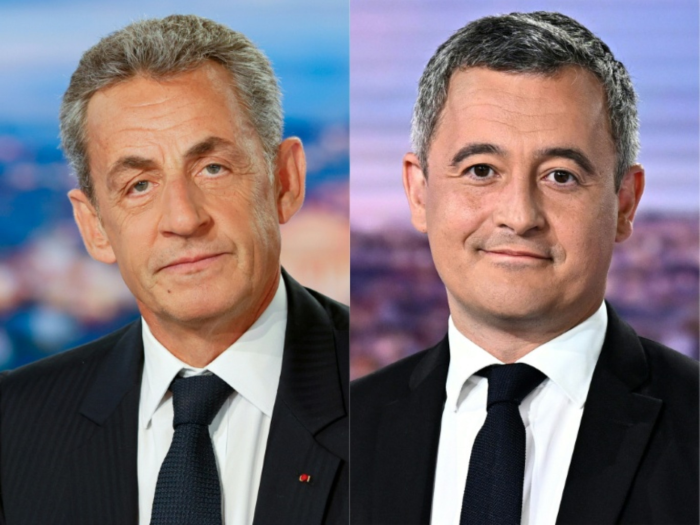 Combo d'archives de l'ancien président Nicolas Sarkozy le 3 mars 2021 (g) et du ministre de la Justice Gerald Darmanin le 10 juin 2024 © Ludovic MARIN
