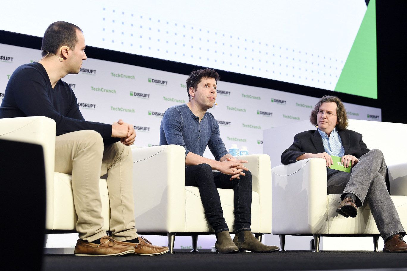 Greg Brockman et Sam Altman, cofondateurs d'OpenIA et le journaliste Frederic Lardinois. © Steve Jennings