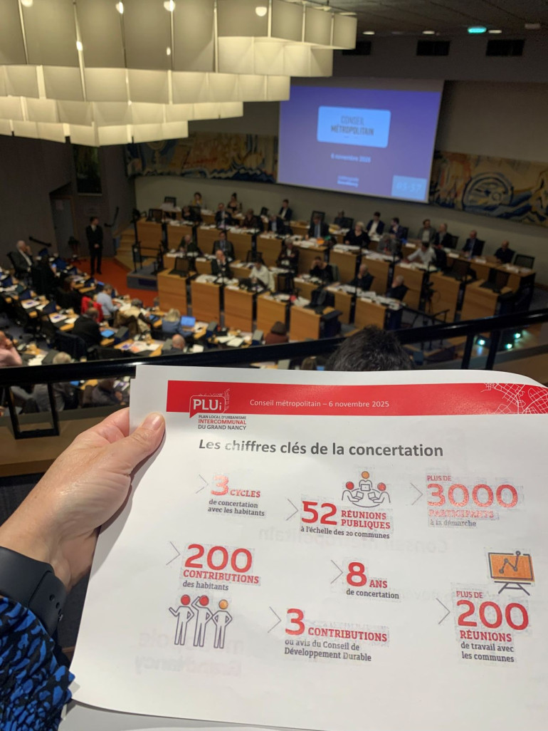 Réuni le 6 novembre 2025, le Conseil métropolitain a voté l'approbation du PLUi de la Métropole du Grand Nancy. © Agence Scalen